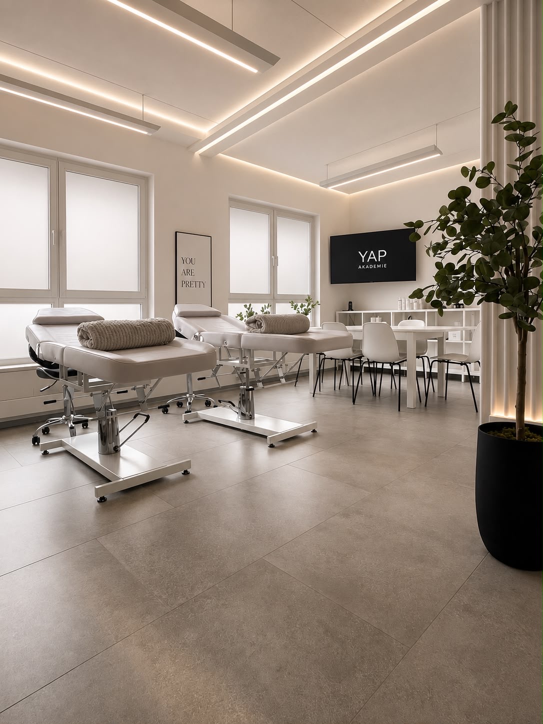 Beauty-Schulungsraum des YAP Beauty Space mit drei Kosmetikliegen, Seminartisch und großem Präsentationsbildschirm